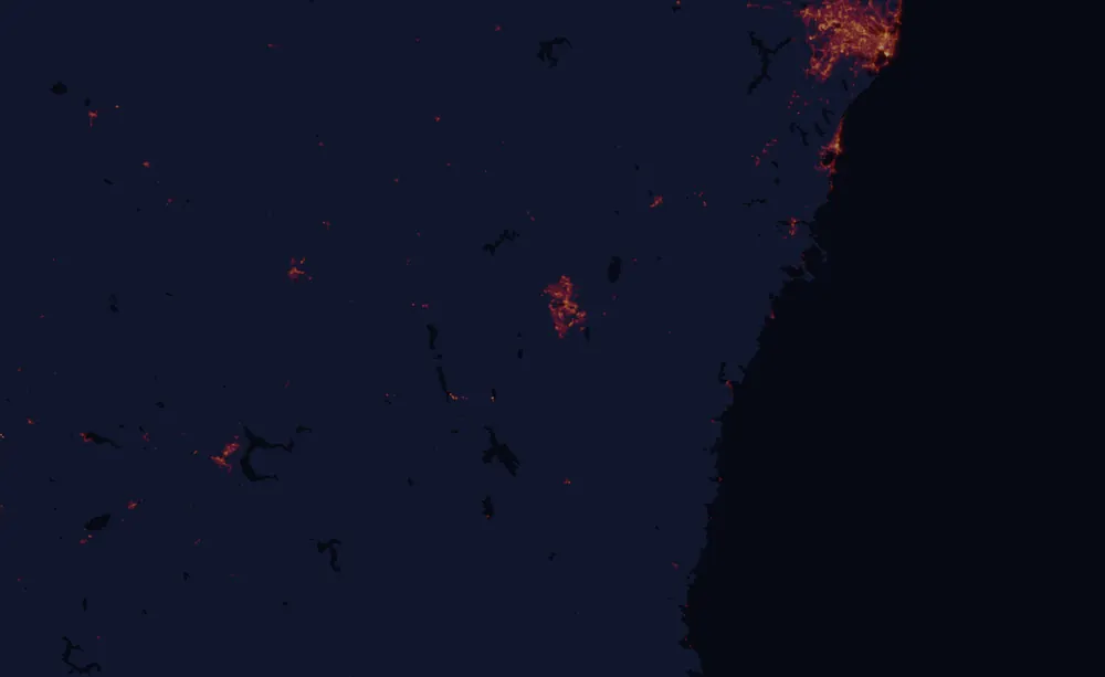 NASA satellite night-lights map of Australian Capital Territory with every place marked