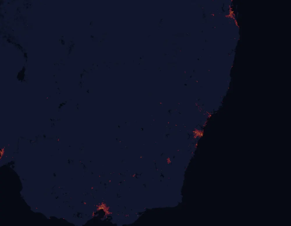 NASA satellite night-lights map of New South Wales with every place marked