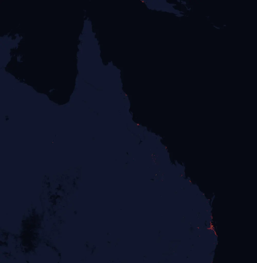 NASA satellite night-lights map of Queensland with every place marked