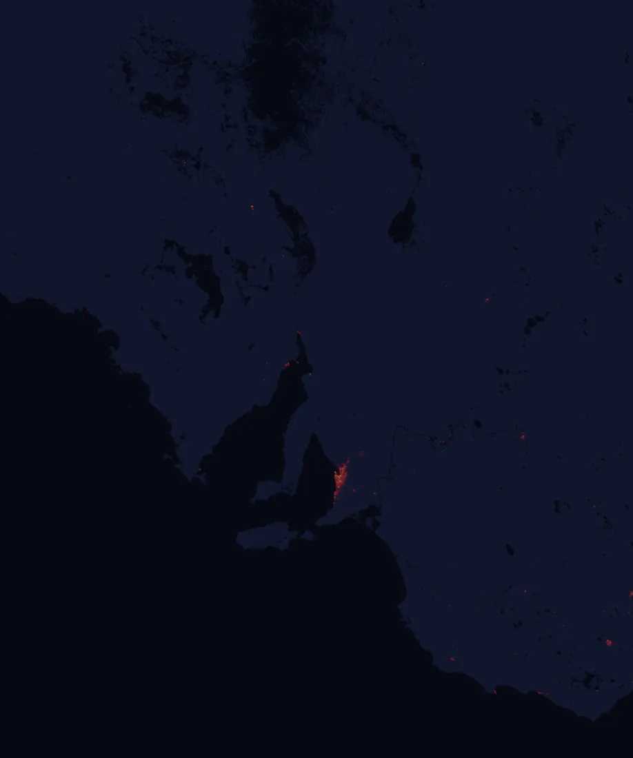 NASA satellite night-lights map of South Australia with every place marked