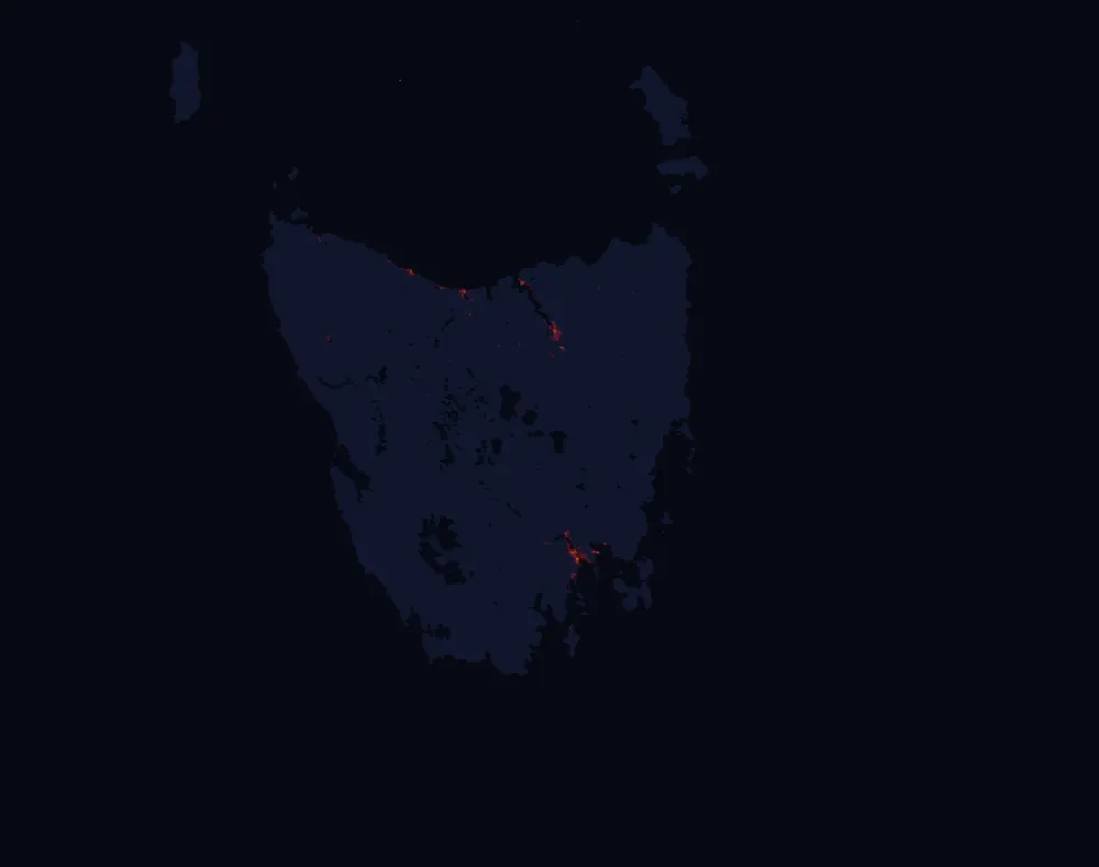 NASA satellite night-lights map of Tasmania with every place marked