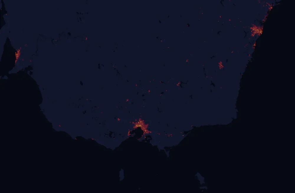 NASA satellite night-lights map of Victoria with every place marked