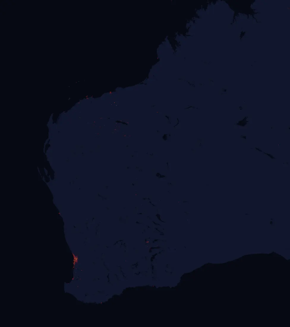 NASA satellite night-lights map of Western Australia with every place marked