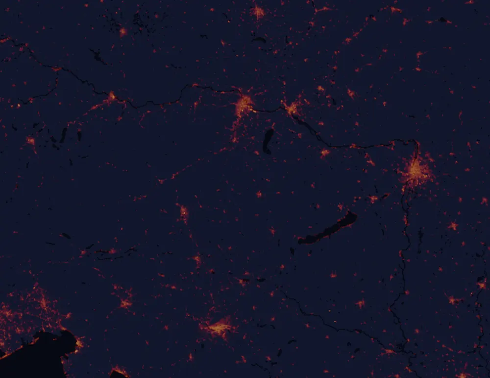 NASA satellite night-lights map of Burgenland with every place marked