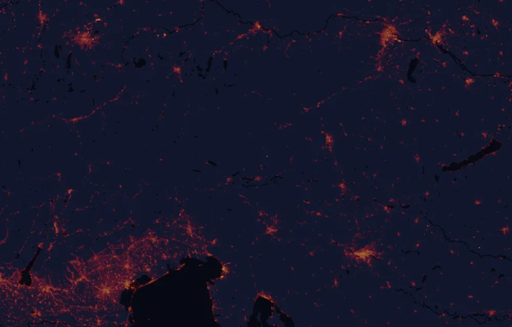 NASA satellite night-lights map of Carinthia with every place marked