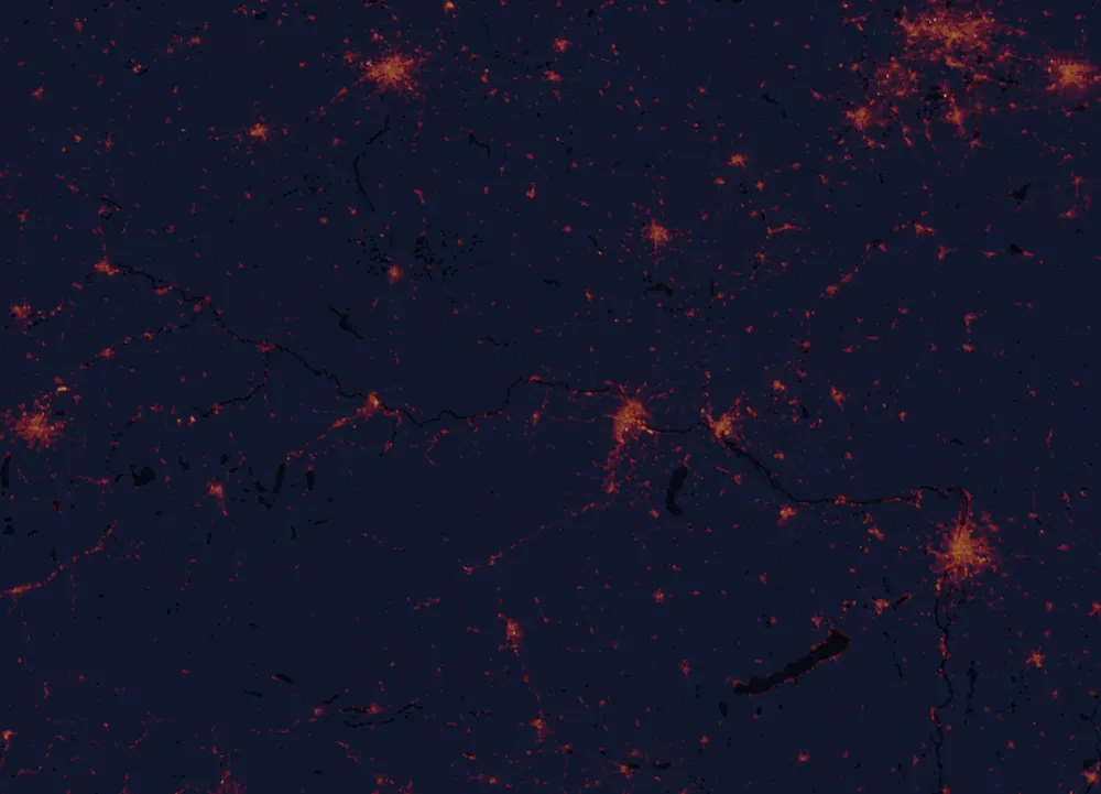 NASA satellite night-lights map of Lower Austria with every place marked