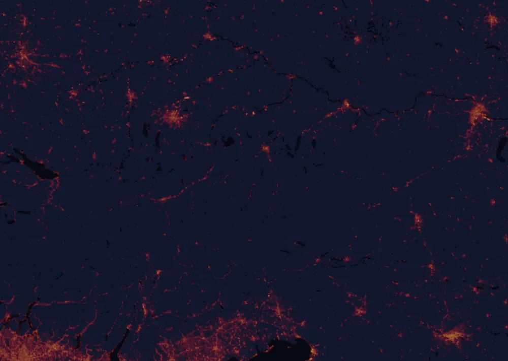 NASA satellite night-lights map of Salzburg with every place marked