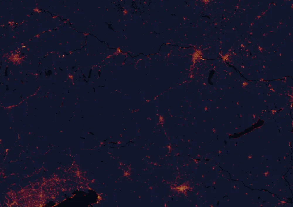 NASA satellite night-lights map of Styria with every place marked