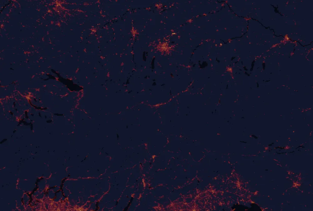 NASA satellite night-lights map of Tyrol with every place marked