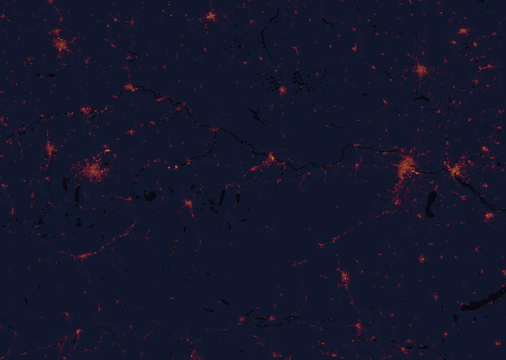 NASA satellite night-lights map of Upper Austria with every place marked