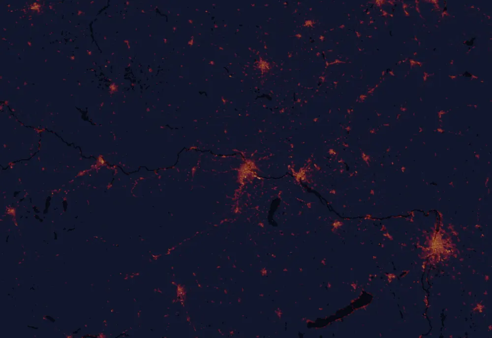 NASA satellite night-lights map of Vienna with every place marked
