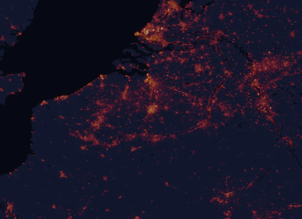 NASA satellite night-lights map of Brussels with every place marked