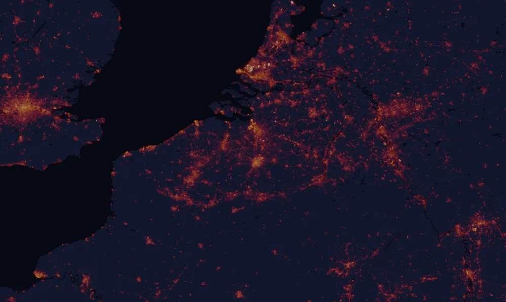 NASA satellite night-lights map of Flanders with every place marked