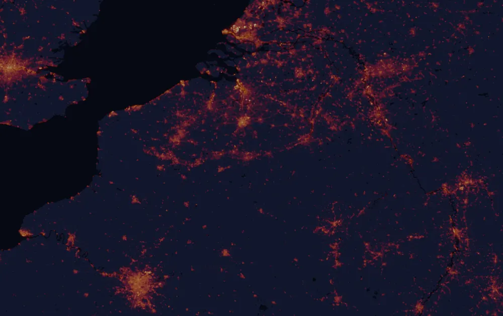 NASA satellite night-lights map of Wallonia with every place marked