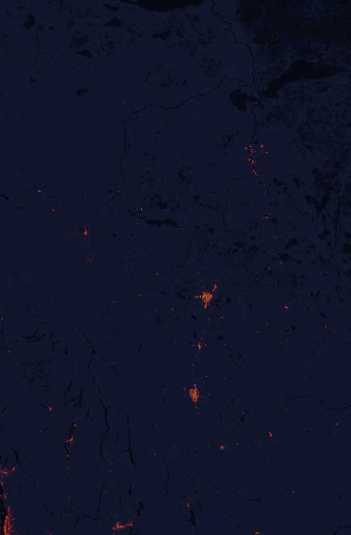 NASA satellite night-lights map of Alberta with every place marked