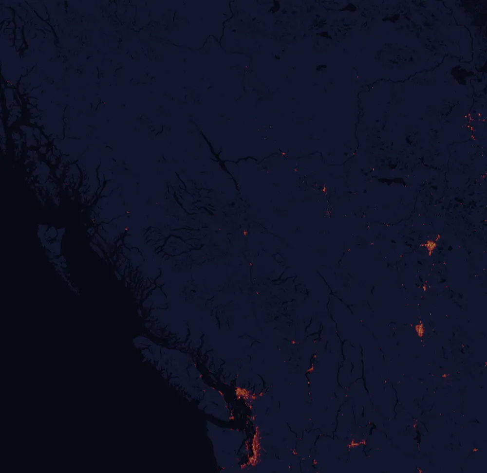 NASA satellite night-lights map of British Columbia with every place marked