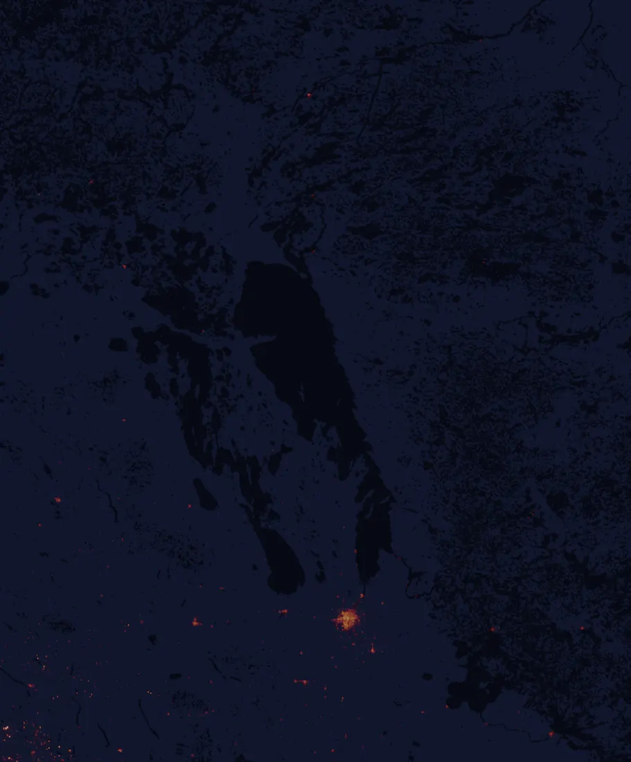 NASA satellite night-lights map of Manitoba with every place marked