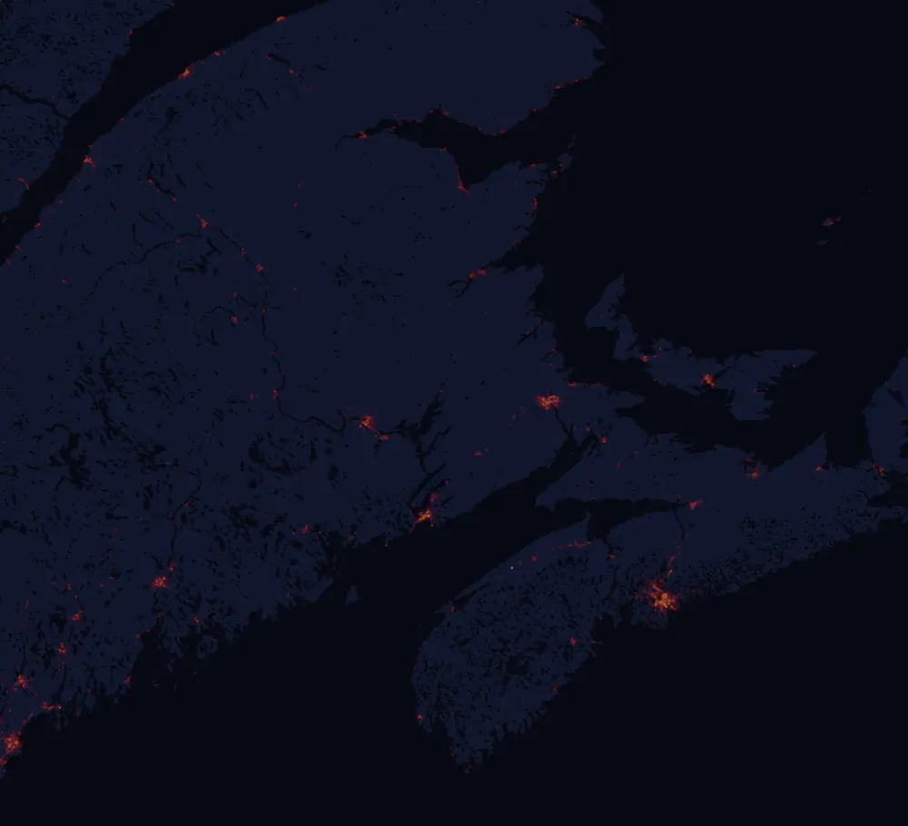 NASA satellite night-lights map of New Brunswick with every place marked