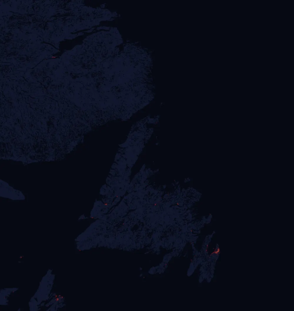 NASA satellite night-lights map of Newfoundland and Labrador with every place marked