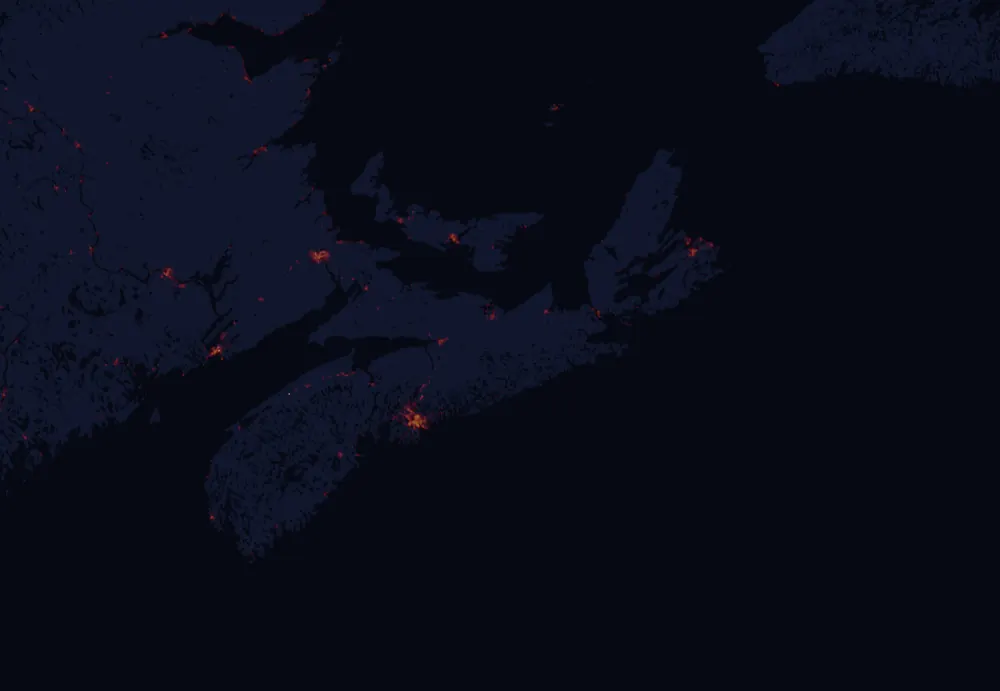 NASA satellite night-lights map of Nova Scotia with every place marked