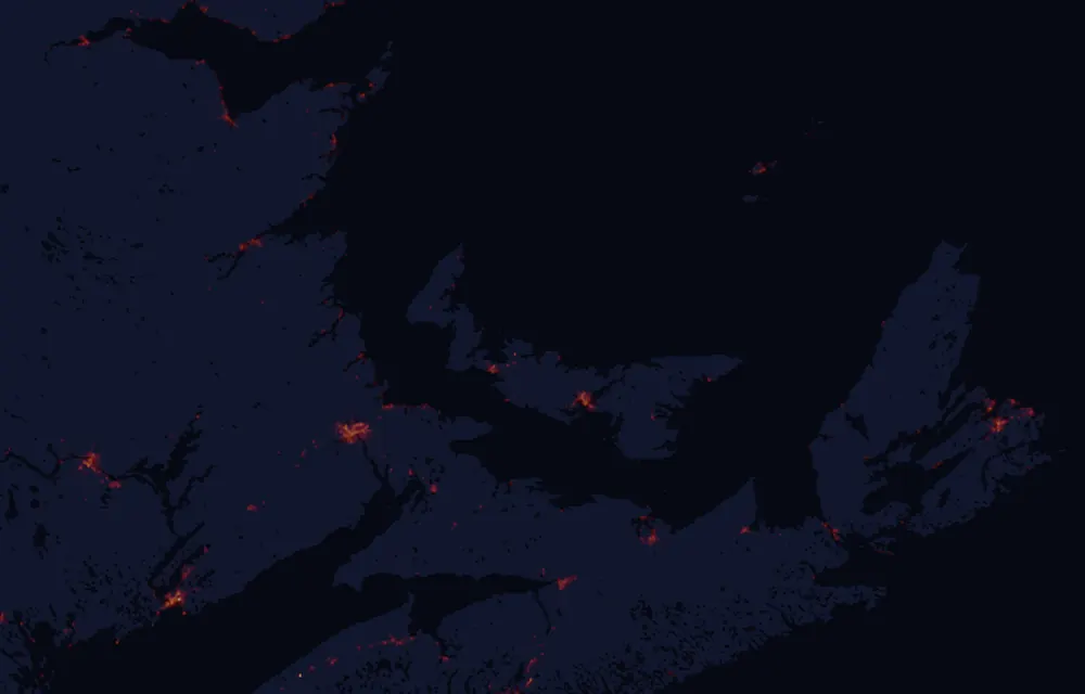 NASA satellite night-lights map of Prince Edward Island with every place marked
