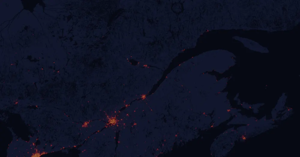 NASA satellite night-lights map of Quebec with every place marked