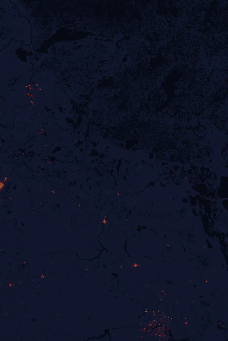 NASA satellite night-lights map of Saskatchewan with every place marked