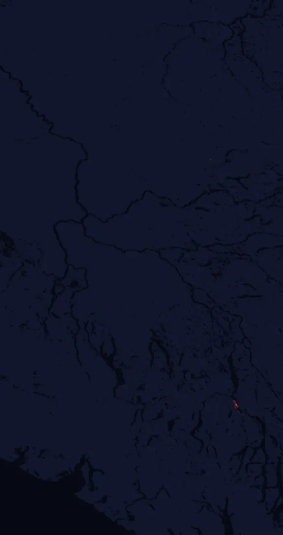 NASA satellite night-lights map of Yukon with every place marked