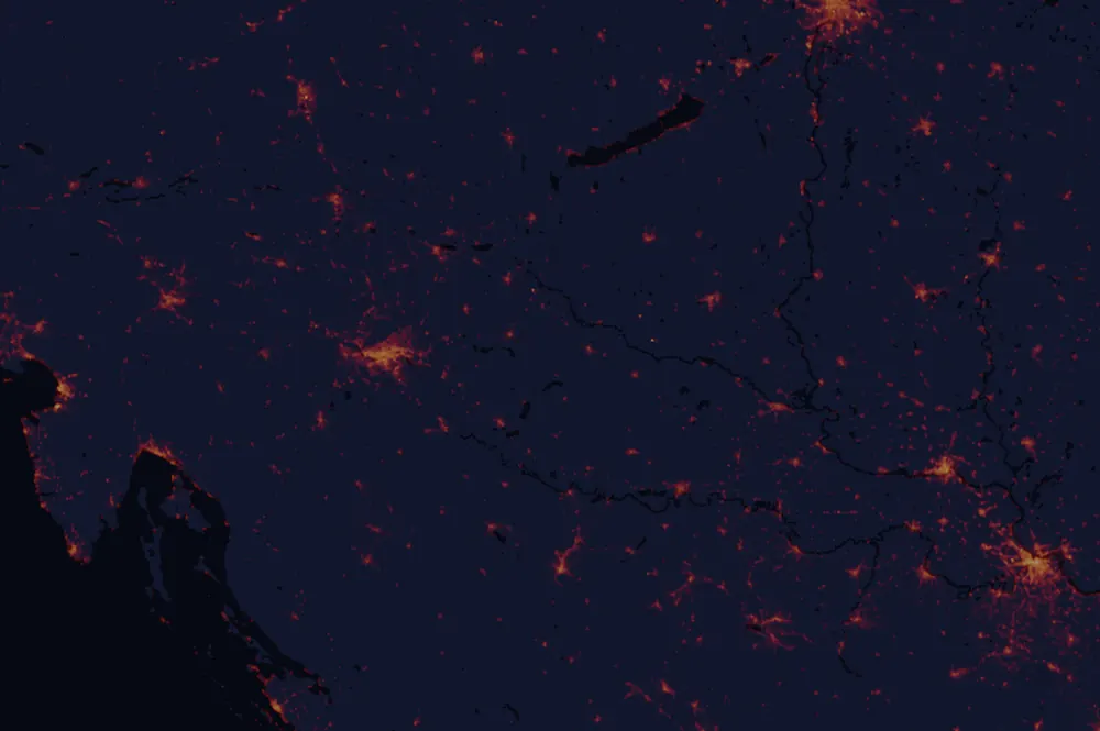 NASA satellite night-lights map of Bjelovar-Bilogora with every place marked