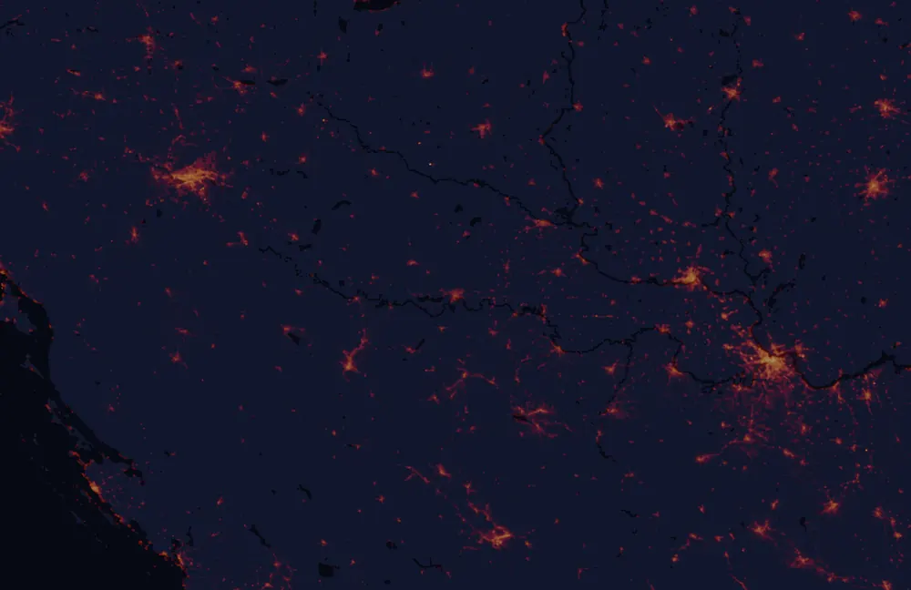 NASA satellite night-lights map of Brod-Posavina with every place marked