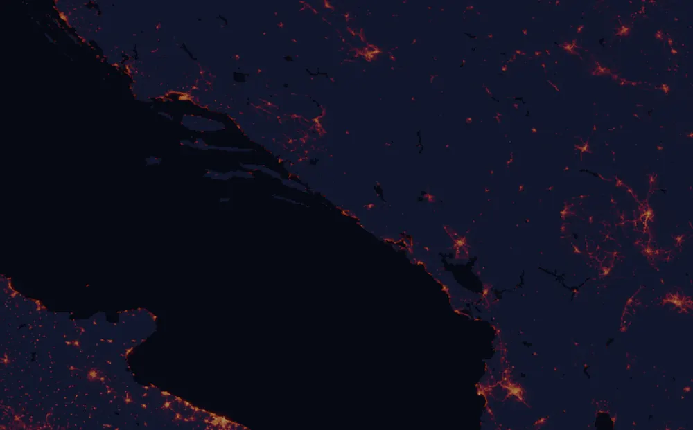 NASA satellite night-lights map of Dubrovnik-Neretva with every place marked