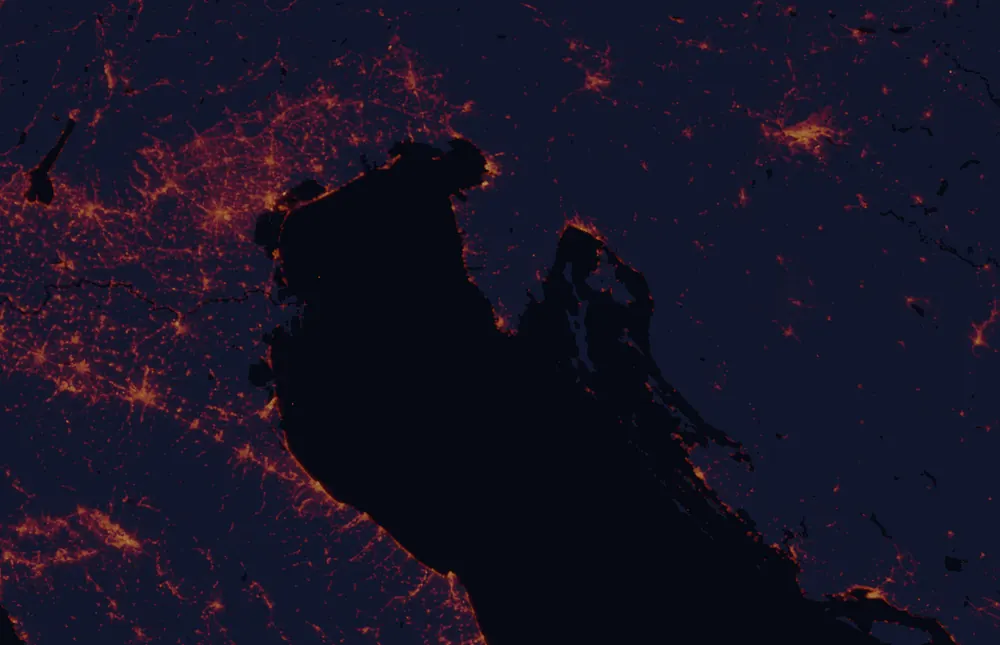 NASA satellite night-lights map of Istria with every place marked