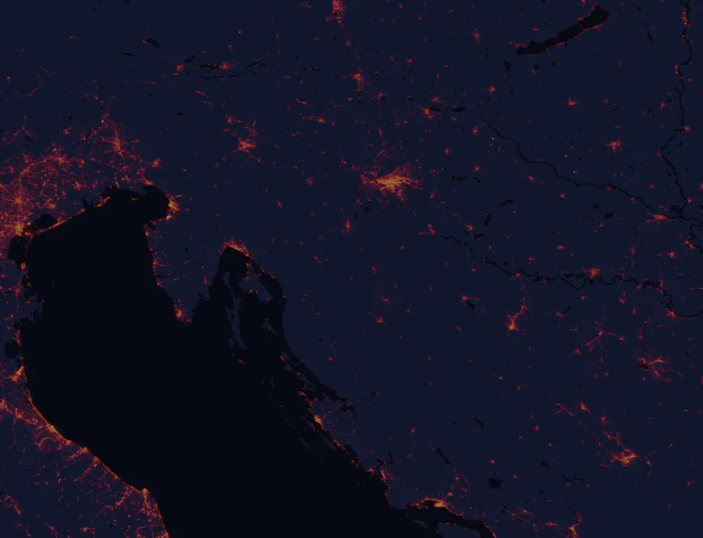 NASA satellite night-lights map of Karlovac with every place marked