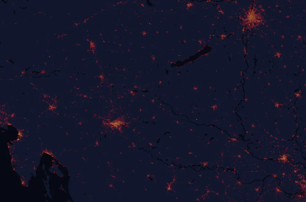 NASA satellite night-lights map of Koprivnica-Križevci with every place marked