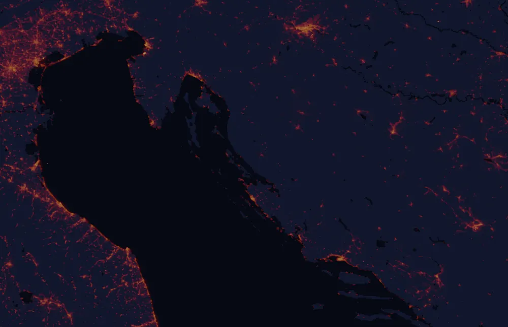 NASA satellite night-lights map of Lika-Senj with every place marked