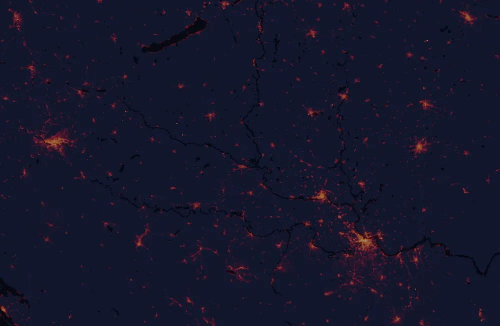 NASA satellite night-lights map of Osijek-Baranja with every place marked