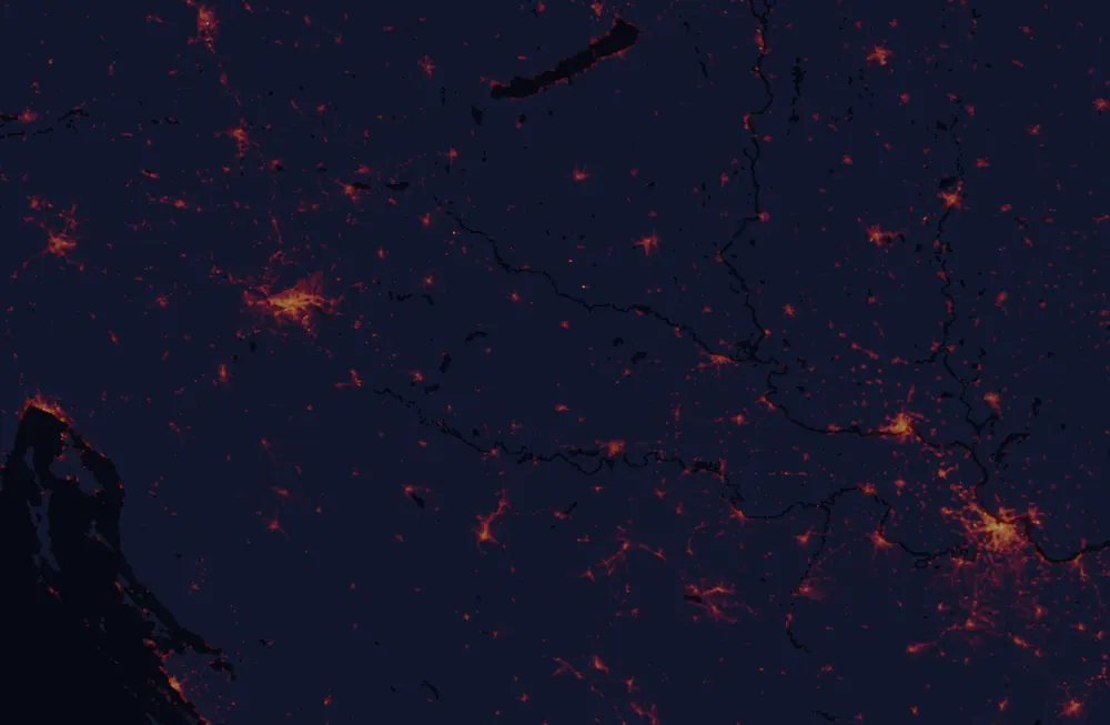 NASA satellite night-lights map of Požega-Slavonia with every place marked