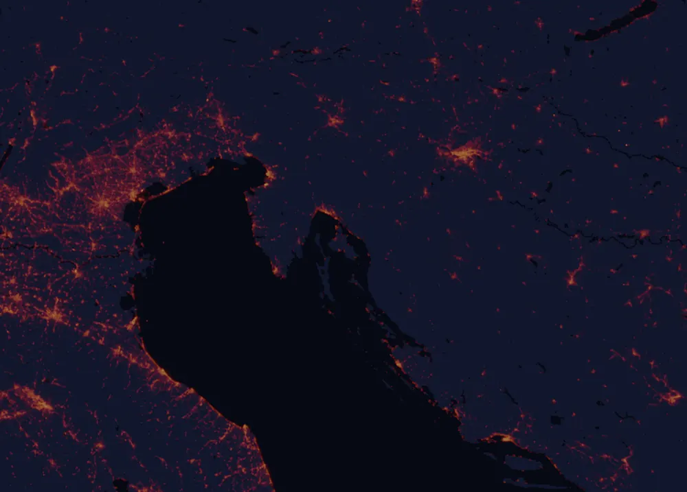 NASA satellite night-lights map of Primorje-Gorski Kotar with every place marked