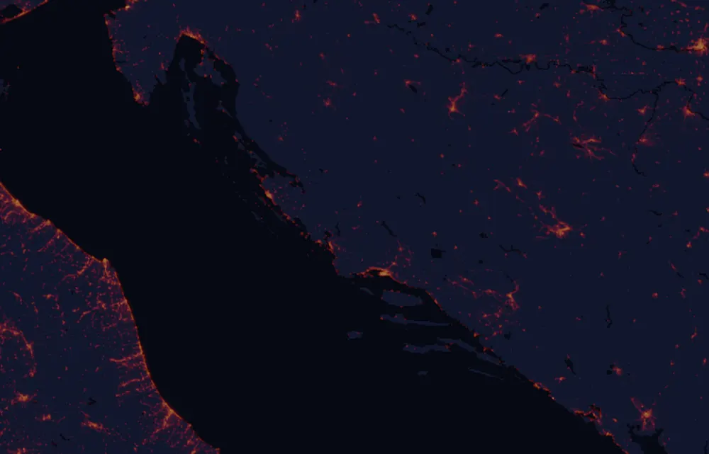 NASA satellite night-lights map of Šibenik-Knin with every place marked
