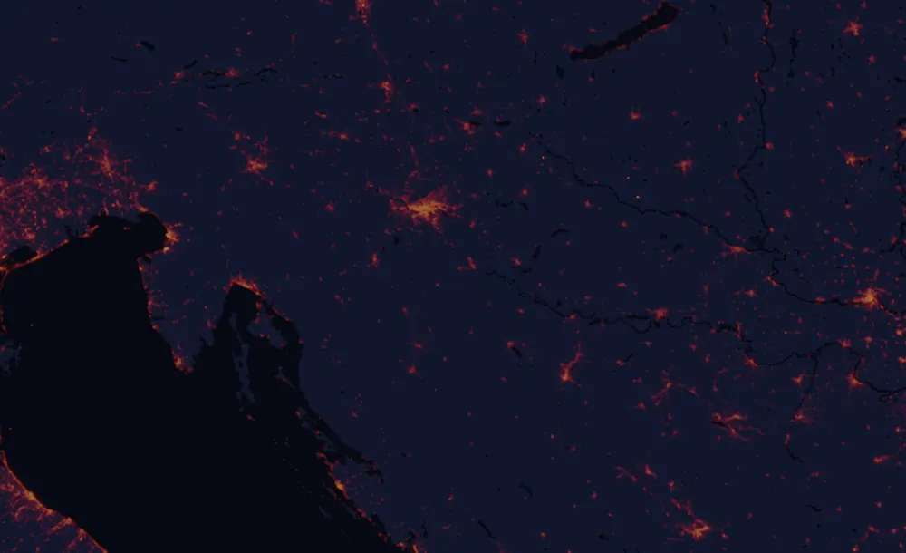 NASA satellite night-lights map of Sisak-Moslavina with every place marked