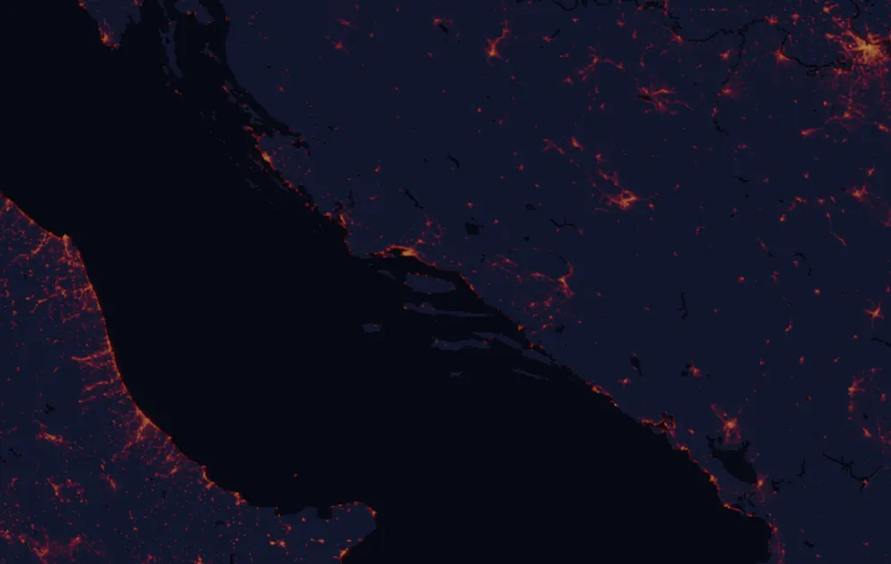 NASA satellite night-lights map of Split-Dalmatia with every place marked