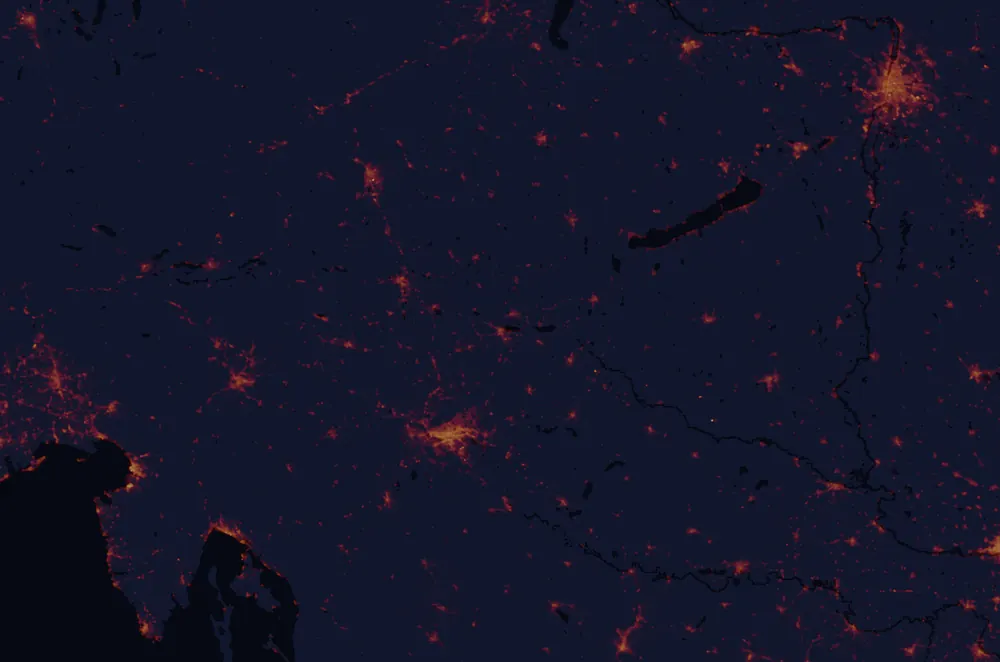 NASA satellite night-lights map of Varaždin with every place marked