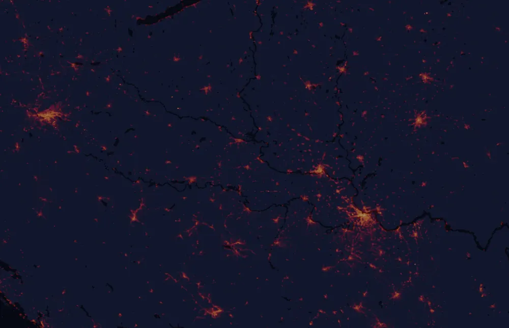 NASA satellite night-lights map of Vukovar-Srijem with every place marked
