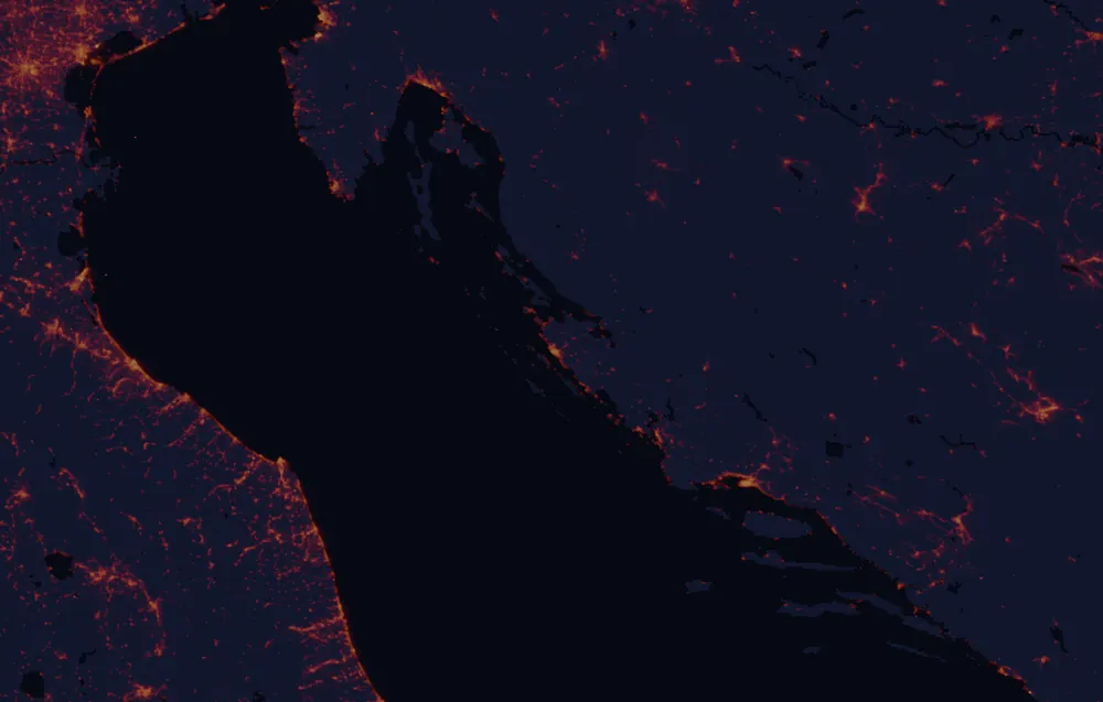 NASA satellite night-lights map of Zadar with every place marked