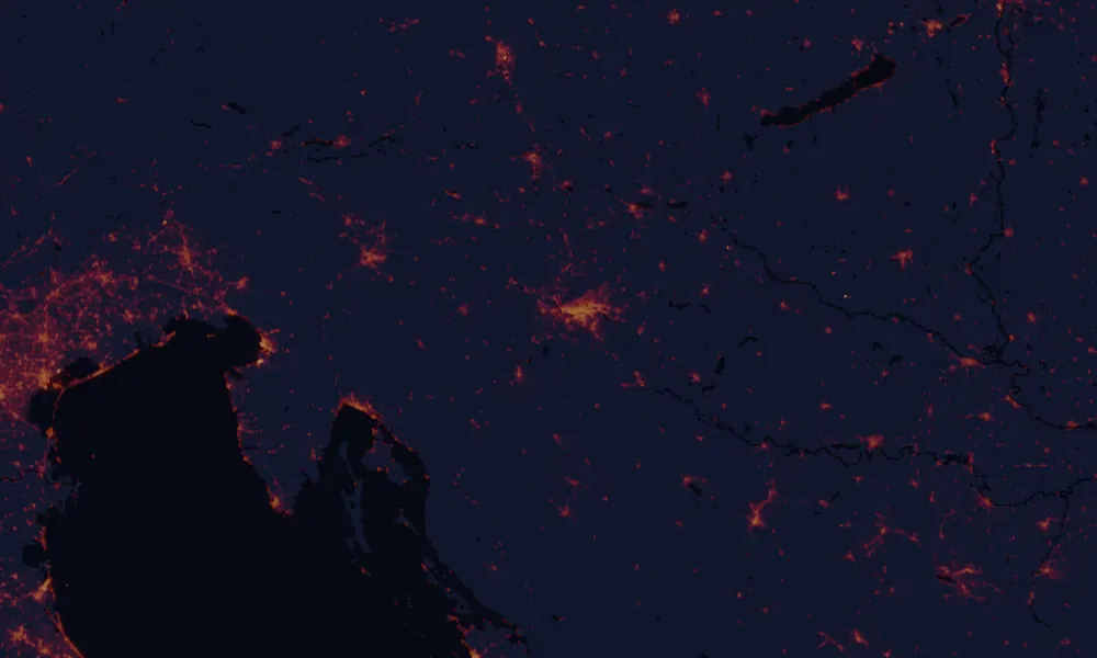 NASA satellite night-lights map of Zagreb County with every place marked