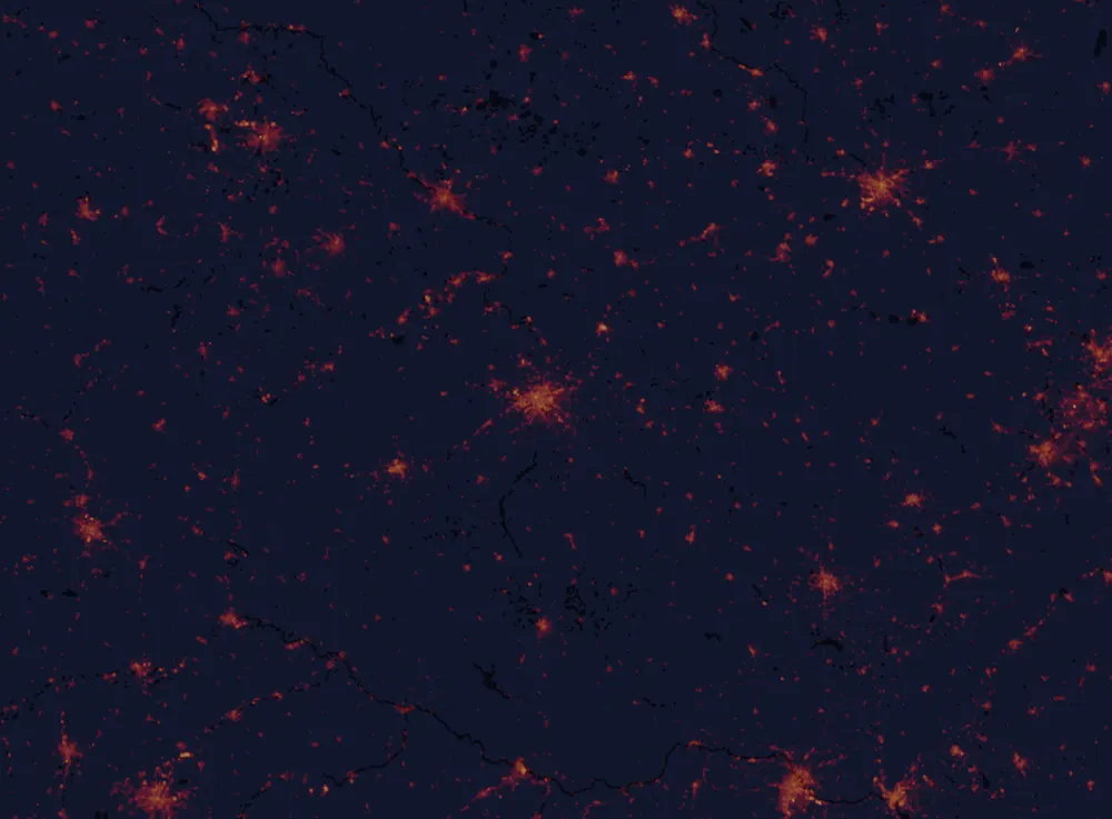 NASA satellite night-lights map of Central Bohemian Region with every place marked