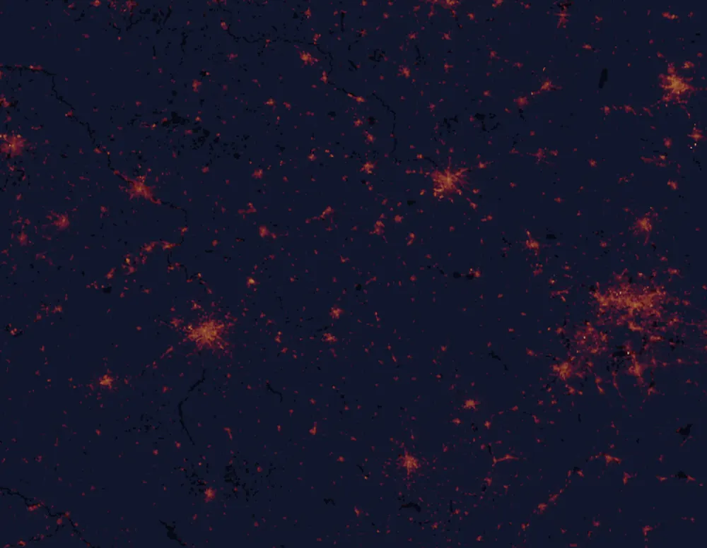 NASA satellite night-lights map of Hradec Králové Region with every place marked