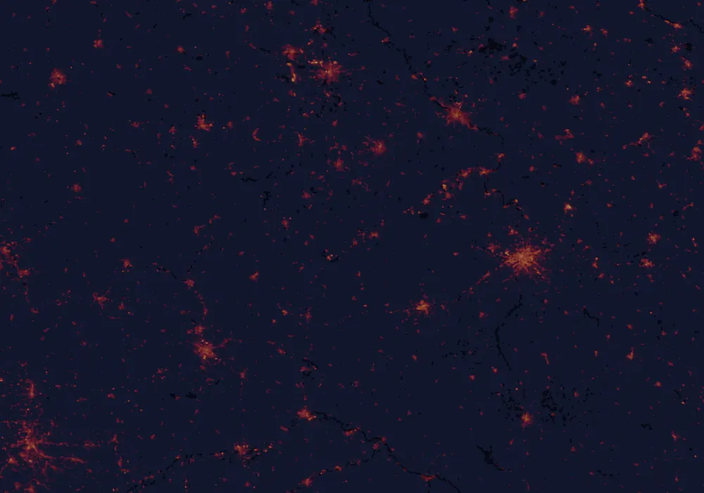 NASA satellite night-lights map of Karlovy Vary Region with every place marked