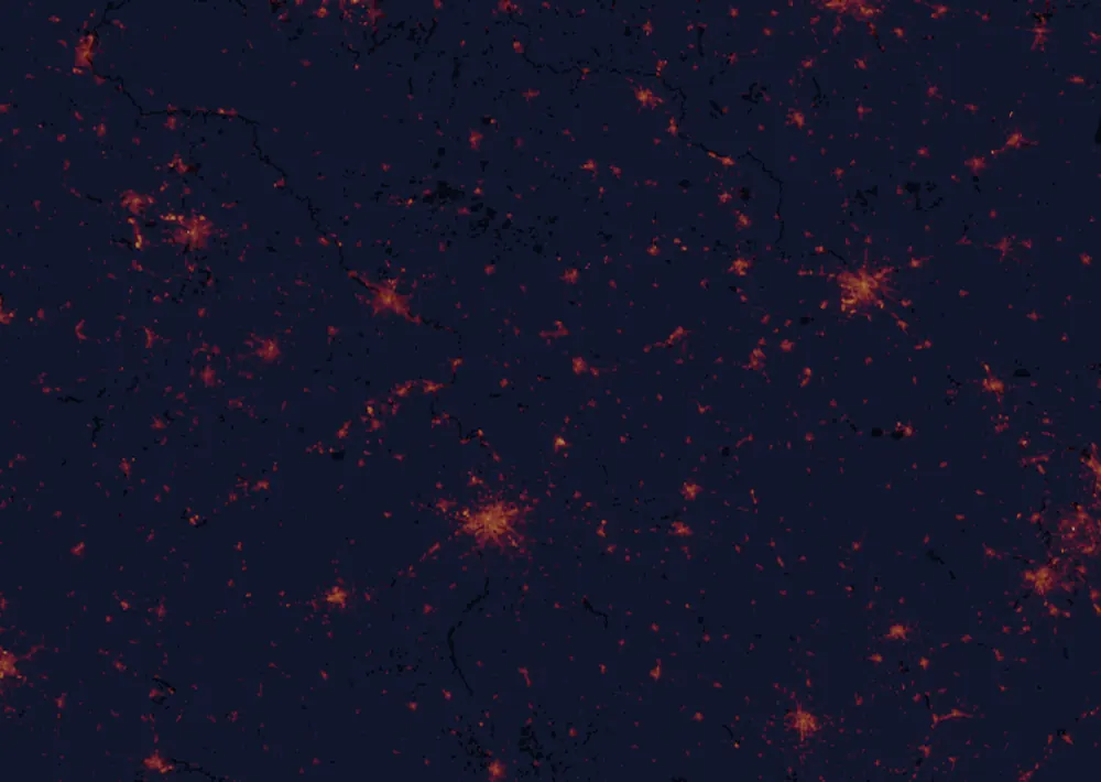 NASA satellite night-lights map of Liberec Region with every place marked