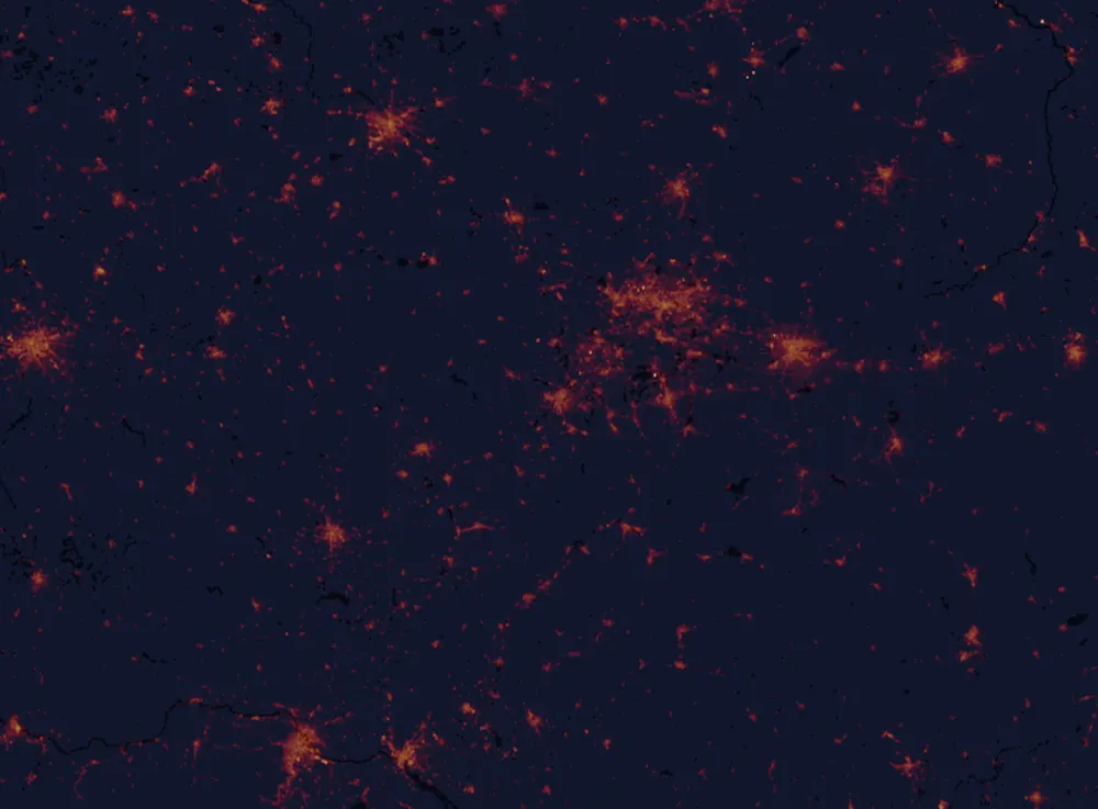 NASA satellite night-lights map of Moravian-Silesian Region with every place marked